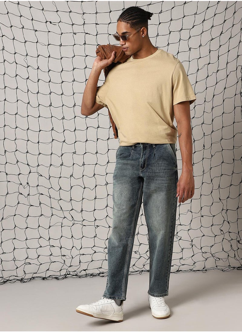 Men's Indigo Cotton Blend Distressed Full Length Relaxed Fit Jeans