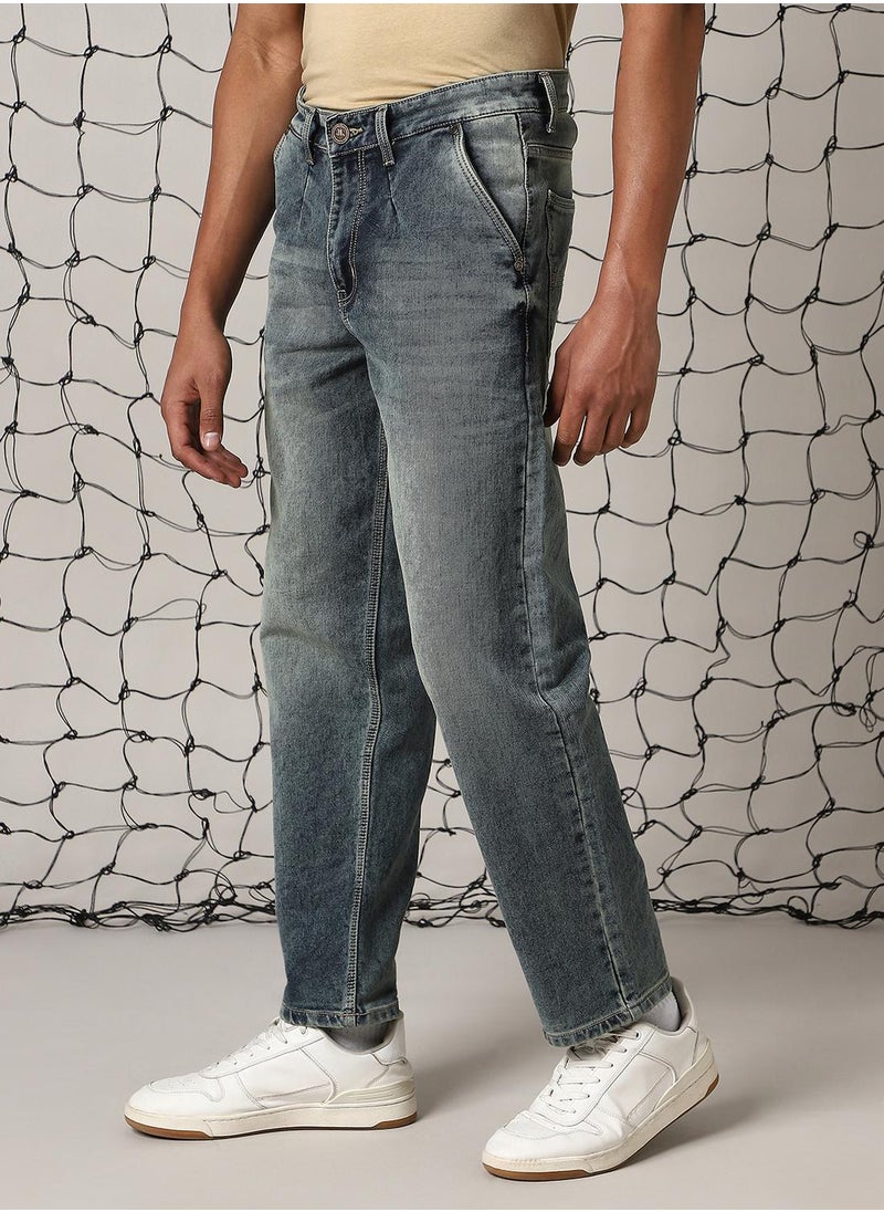 Men's Indigo Cotton Blend Distressed Full Length Relaxed Fit Jeans
