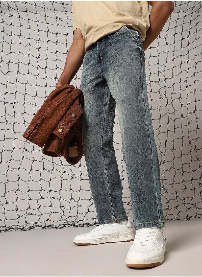 Men's Indigo Cotton Blend Distressed Full Length Relaxed Fit Jeans