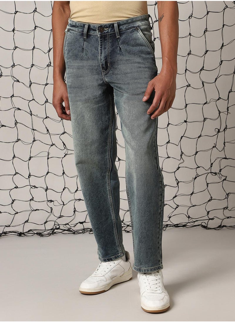 Men's Indigo Cotton Blend Distressed Full Length Relaxed Fit Jeans