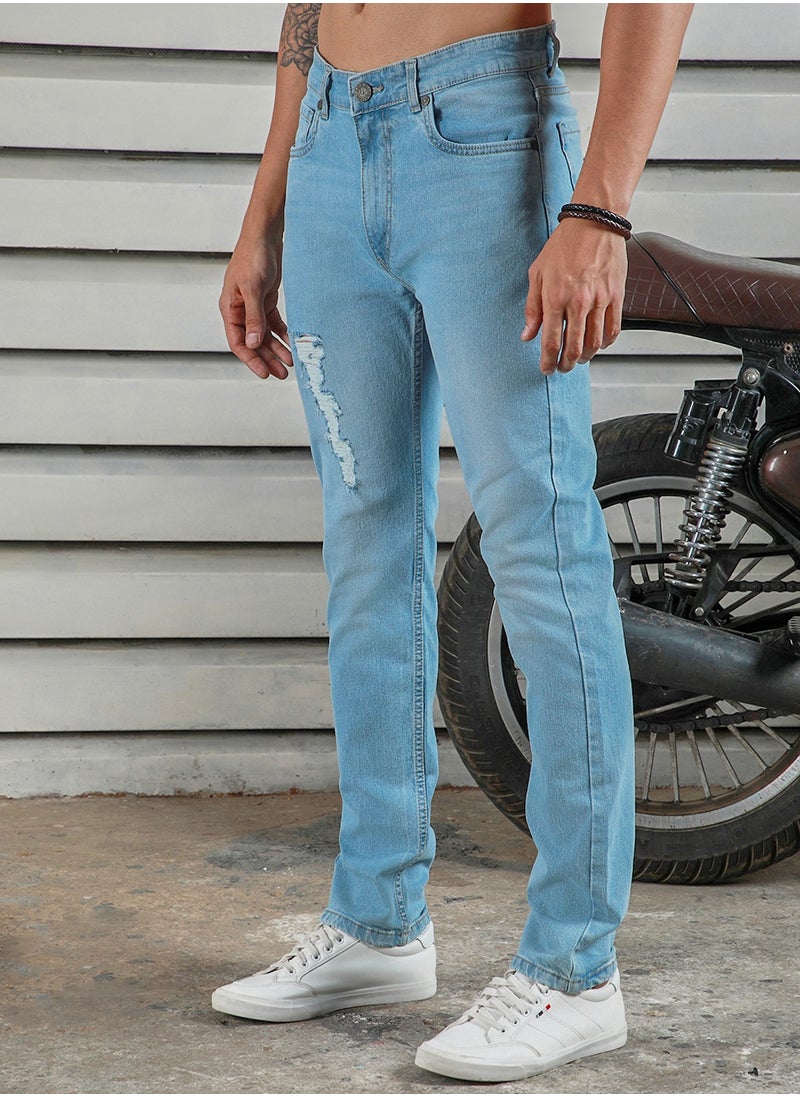 Men's Indigo 100% Cotton Bleached Full Length Tapered Fit Jeans