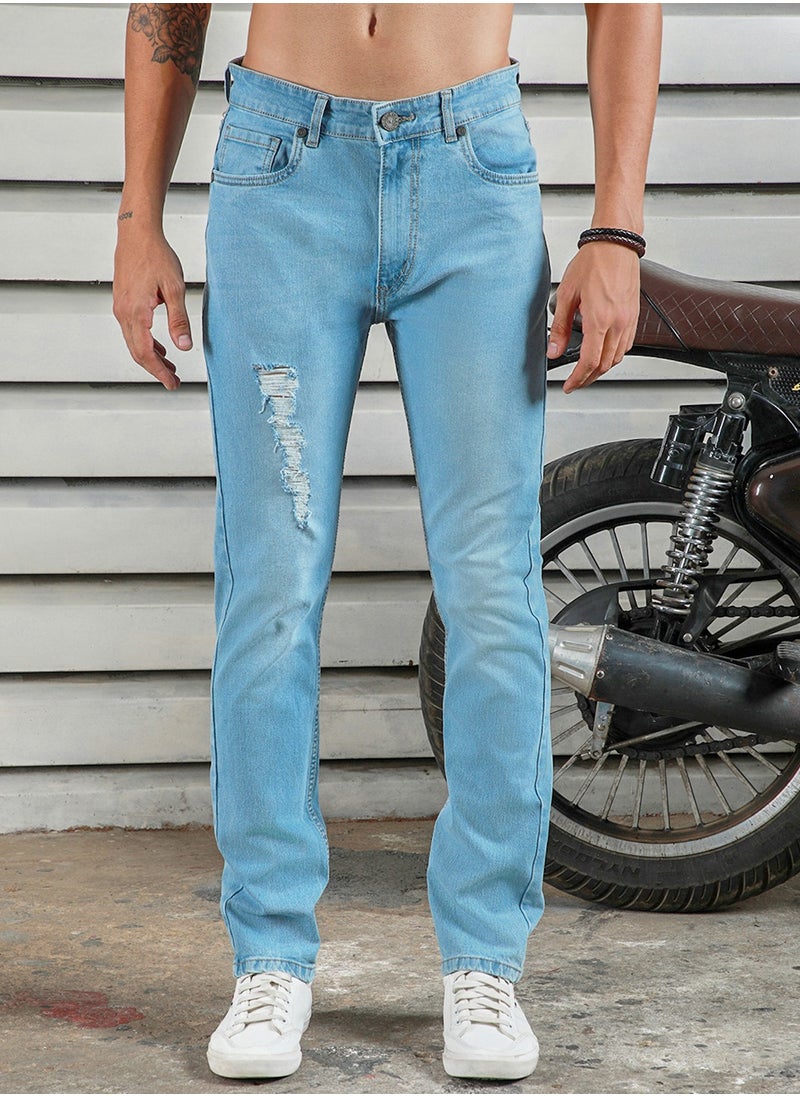 Men's Indigo 100% Cotton Bleached Full Length Tapered Fit Jeans