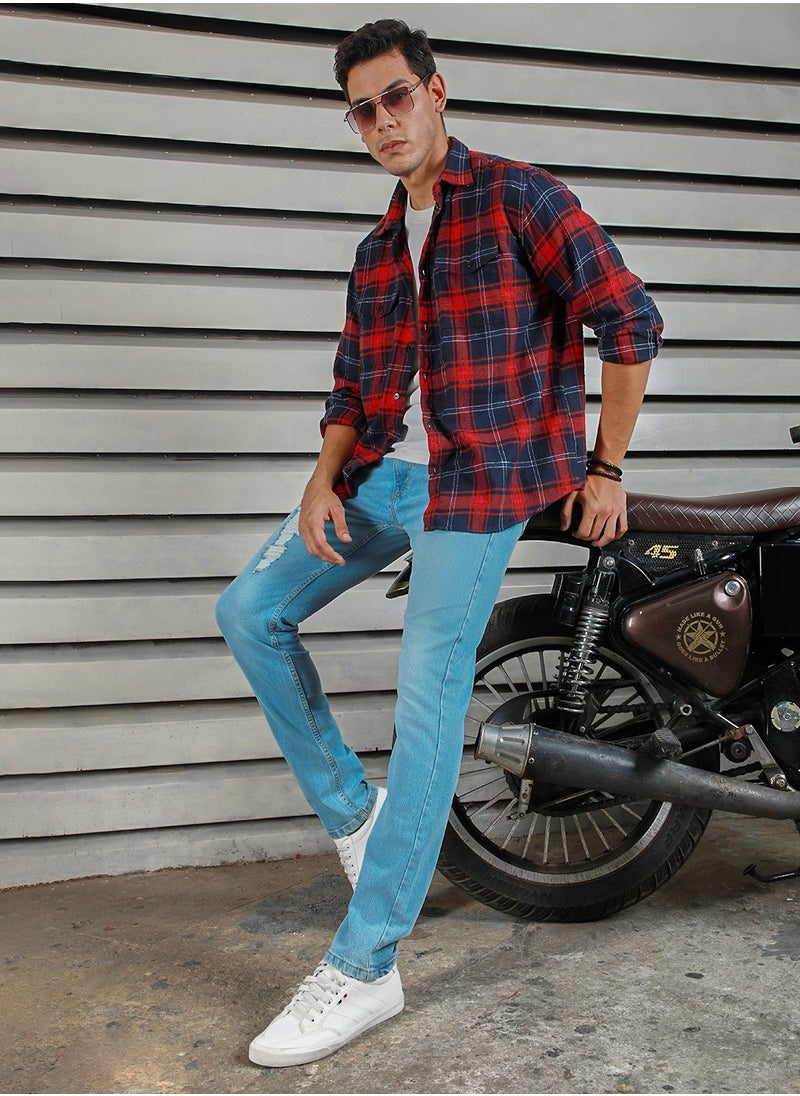 Men's Indigo 100% Cotton Bleached Full Length Tapered Fit Jeans