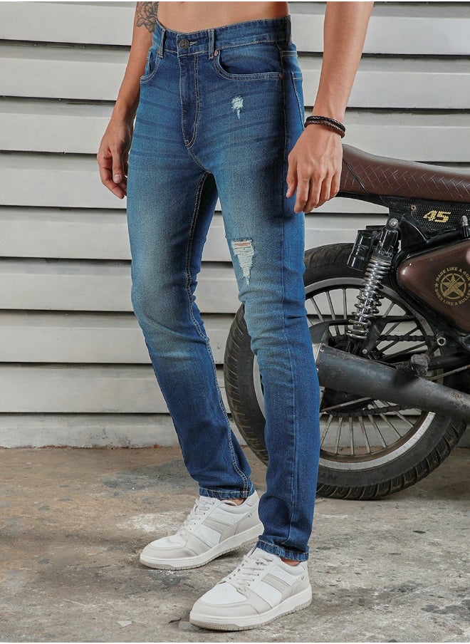 Men's Indigo 100% Cotton Bleached Full Length Tapered Fit Jeans