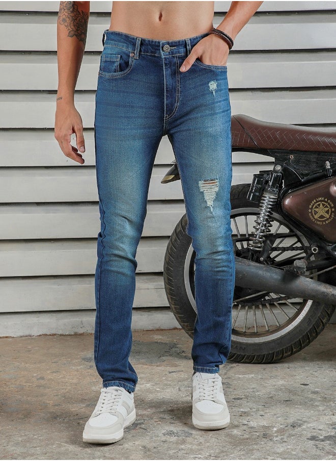 Men's Indigo 100% Cotton Bleached Full Length Tapered Fit Jeans
