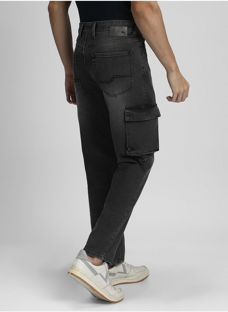 Straight Fit Grey Men's Cotton Stretch Jeans with Button & Zip Closure