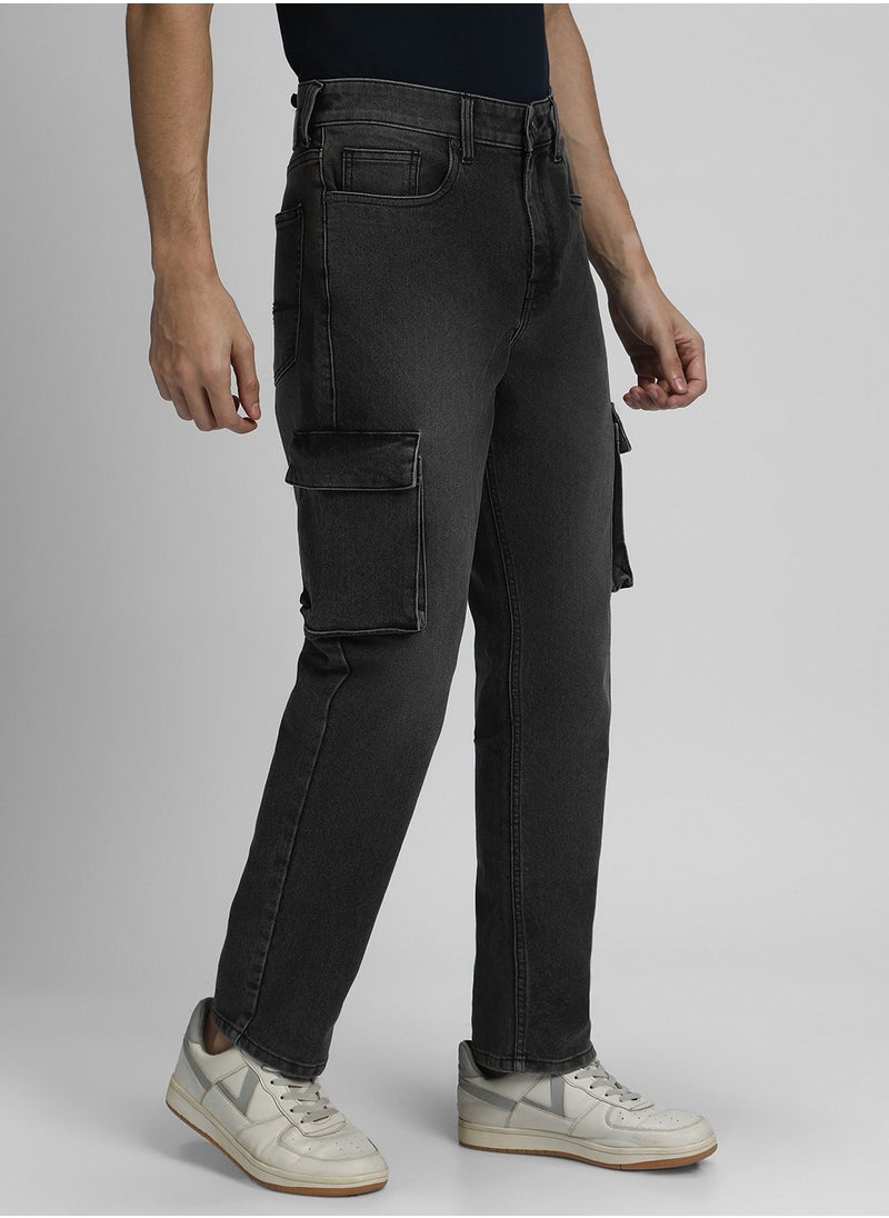 Straight Fit Grey Men's Cotton Stretch Jeans with Button & Zip Closure