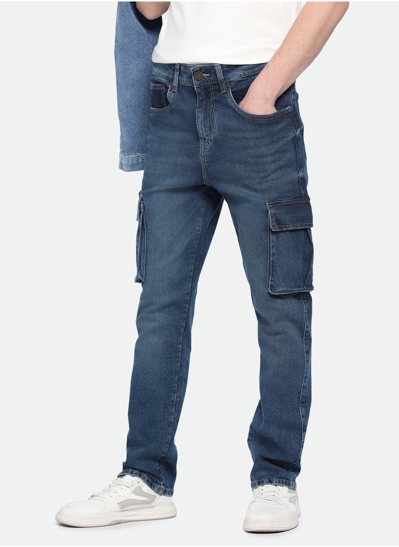 Mid Blue Straight Fit Jeans for Men - Denim 3/1 Twill, Solid, Mid Rise, Full Length, Button & Zip Closure, Casual,
