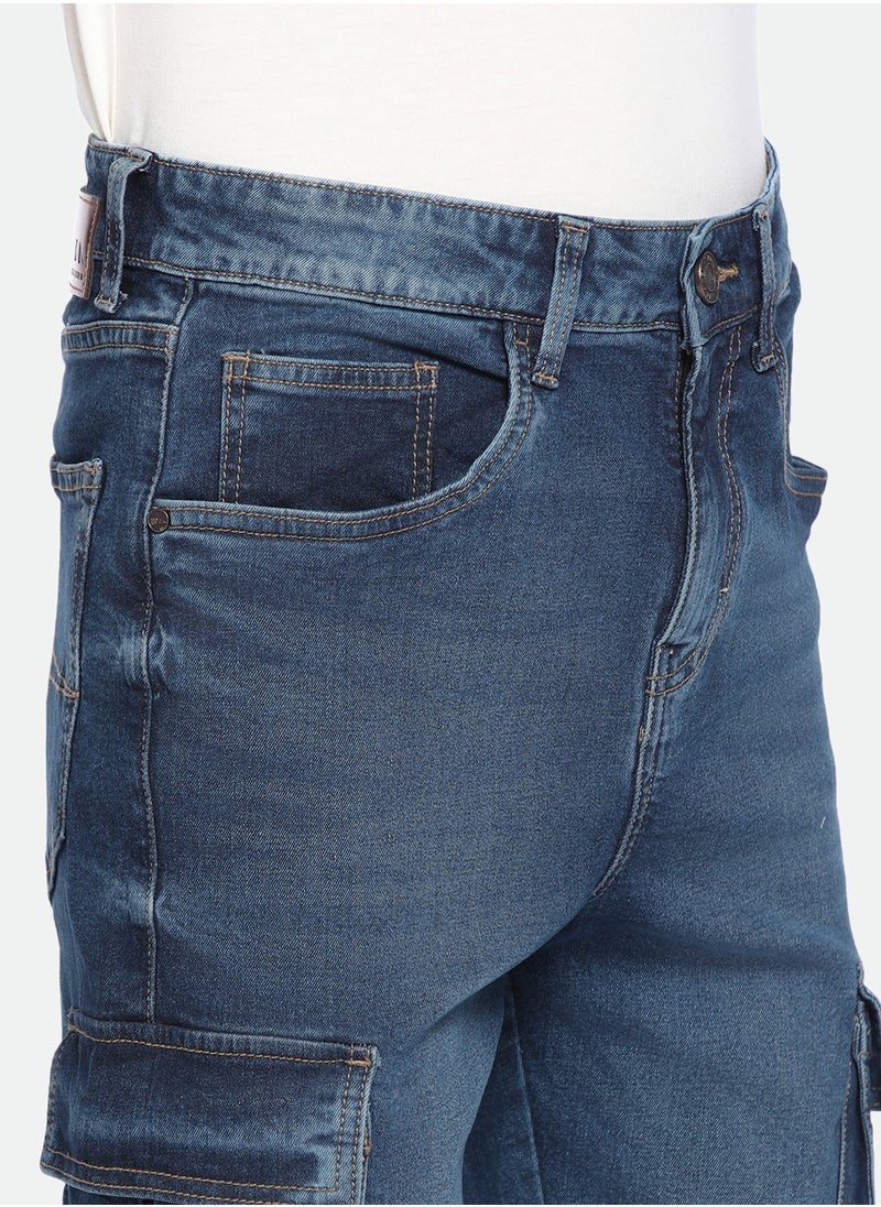 Mid Blue Straight Fit Jeans for Men - Denim 3/1 Twill, Solid, Mid Rise, Full Length, Button & Zip Closure, Casual,