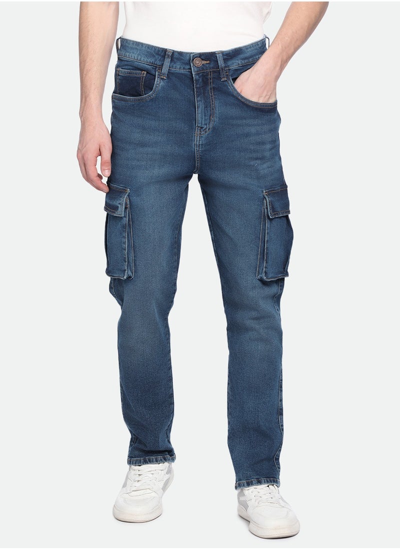 Mid Blue Straight Fit Jeans for Men - Denim 3/1 Twill, Solid, Mid Rise, Full Length, Button & Zip Closure, Casual,