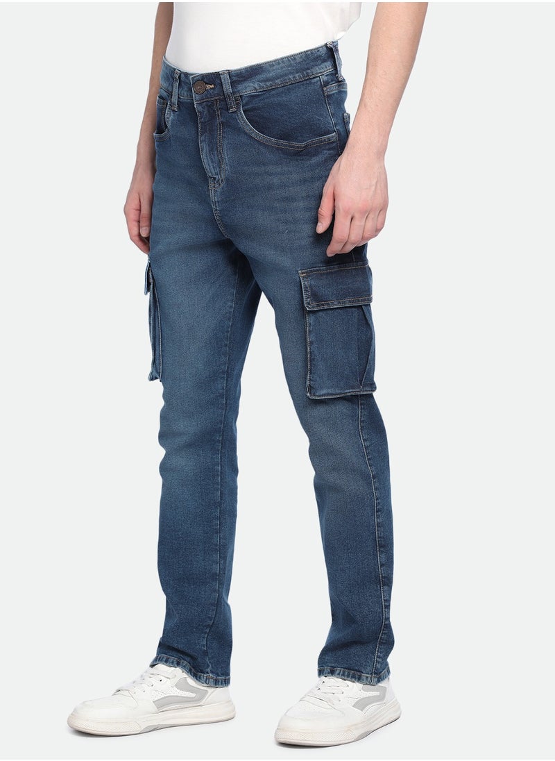 Mid Blue Straight Fit Jeans for Men - Denim 3/1 Twill, Solid, Mid Rise, Full Length, Button & Zip Closure, Casual,