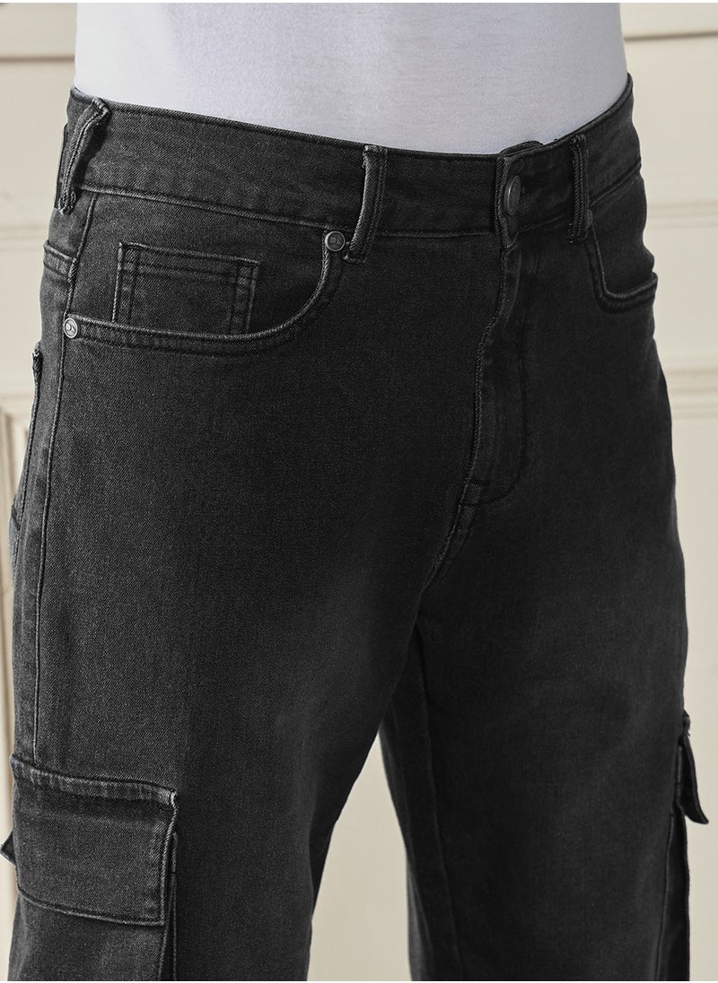 Regular Fit Grey Men's Jeans with Button & Zip Closure (Denim)