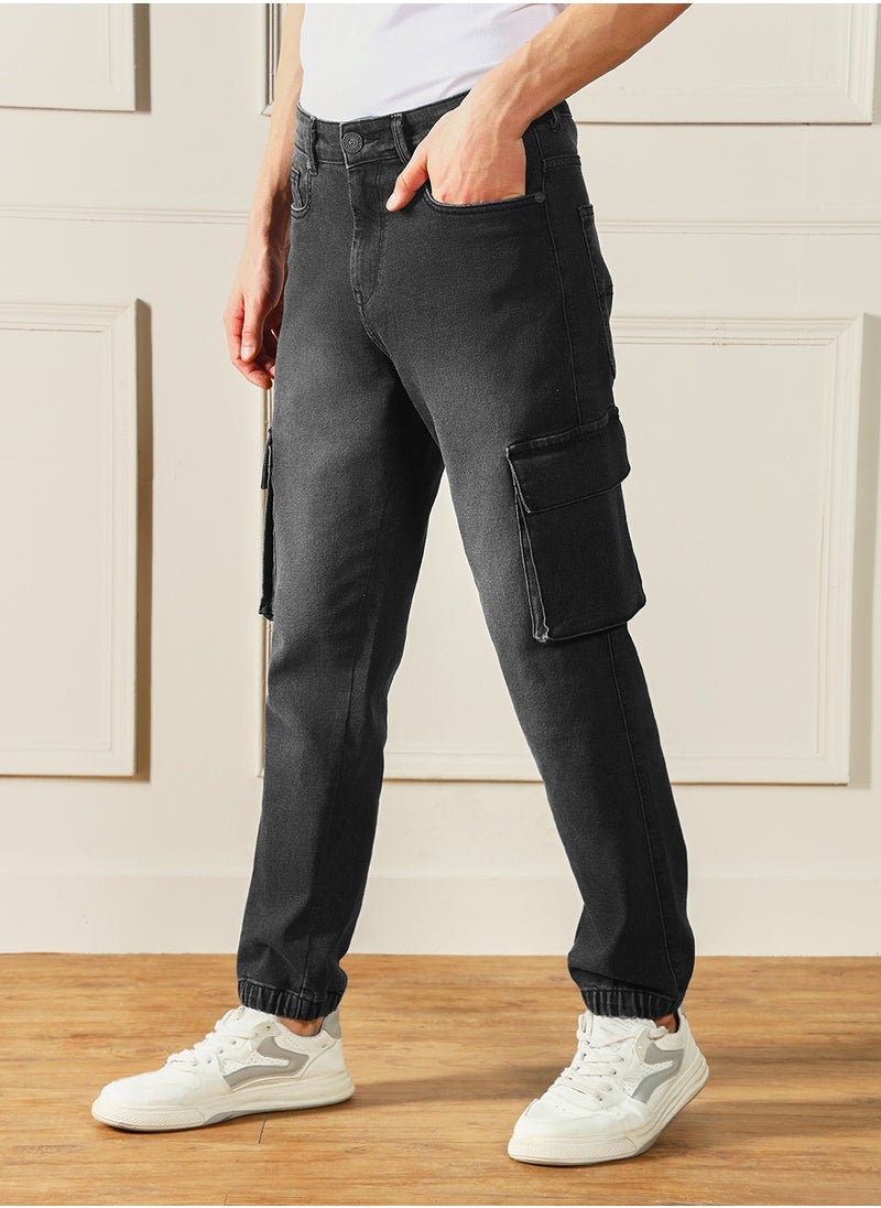 Regular Fit Grey Men's Jeans with Button & Zip Closure (Denim)