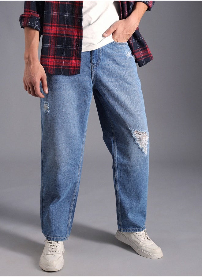 Men's Indigo 100% Cotton Bleached Full Length Loose Jeans