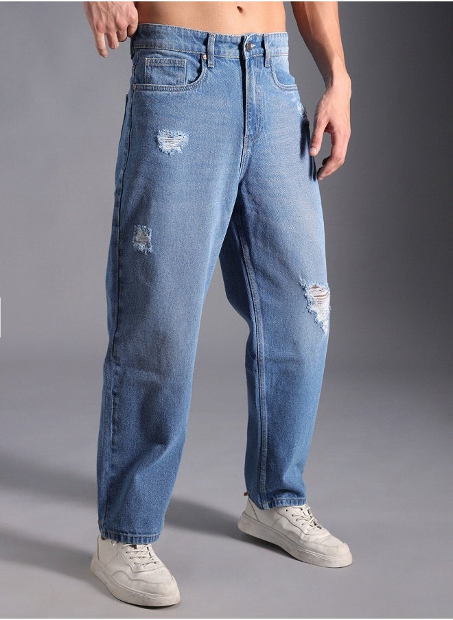 Men's Indigo 100% Cotton Bleached Full Length Loose Jeans