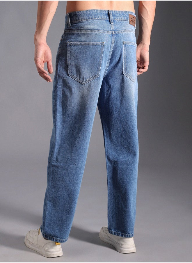 Men's Indigo 100% Cotton Bleached Full Length Loose Jeans