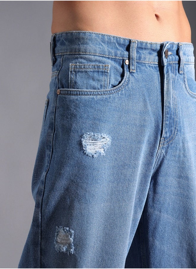 Men's Indigo 100% Cotton Bleached Full Length Loose Jeans