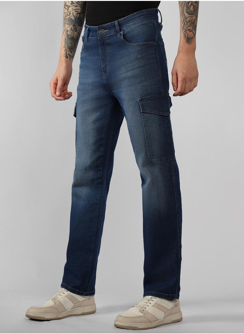 Men's Blue Cotton Blend Solid Full Length Relaxed Fit Jeans