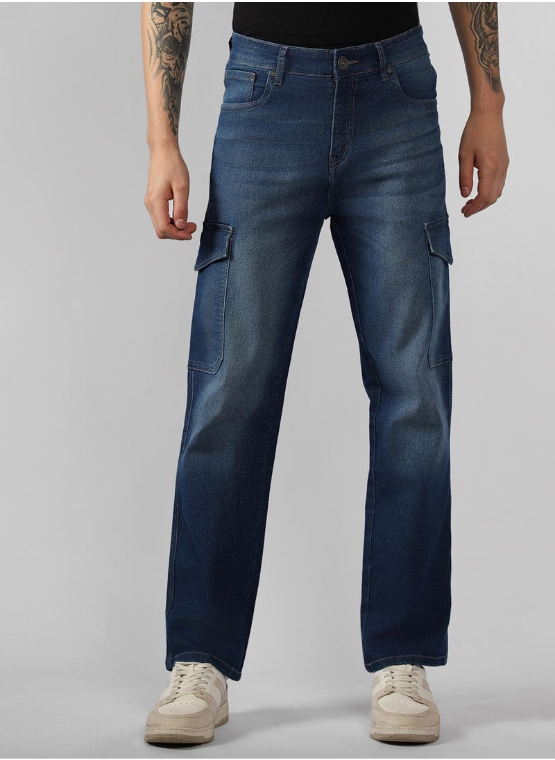 Men's Blue Cotton Blend Solid Full Length Relaxed Fit Jeans