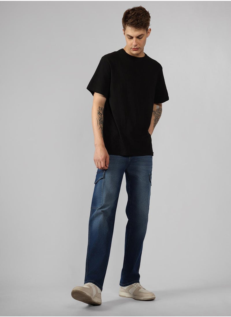 Men's Blue Cotton Blend Solid Full Length Relaxed Fit Jeans