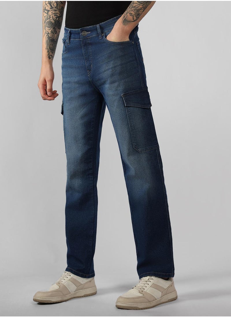 Men's Blue Cotton Blend Solid Full Length Relaxed Fit Jeans