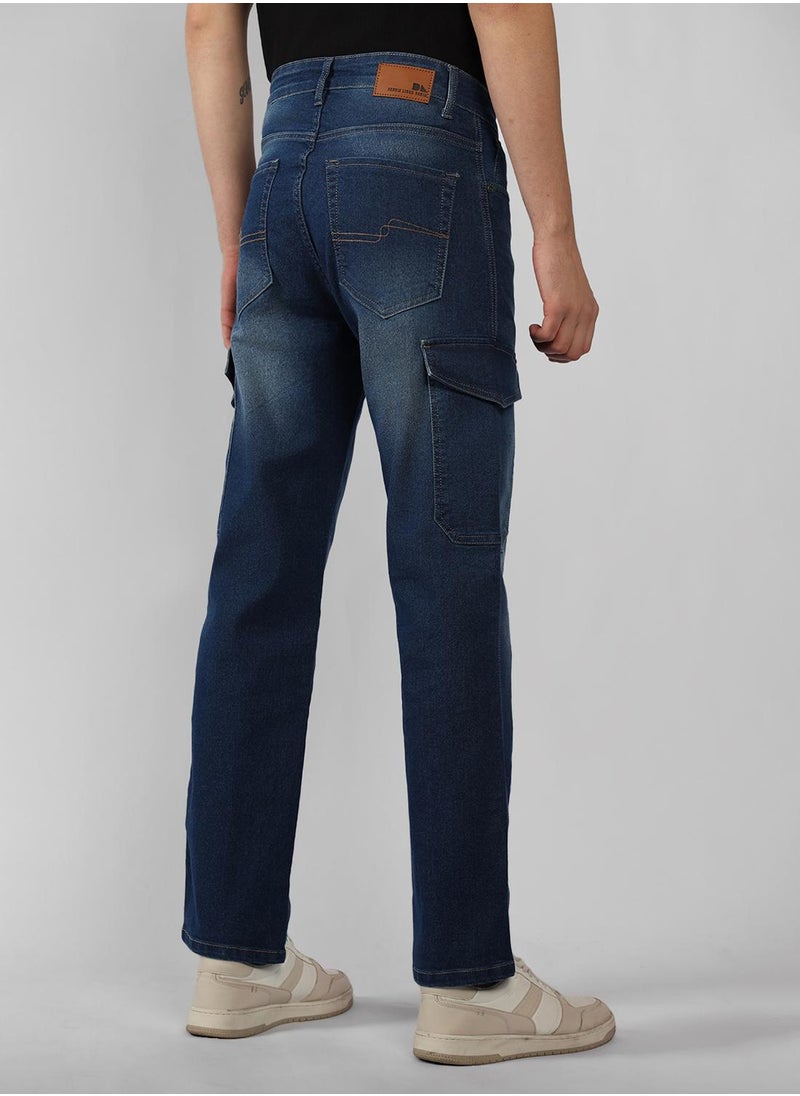 Men's Blue Cotton Blend Solid Full Length Relaxed Fit Jeans
