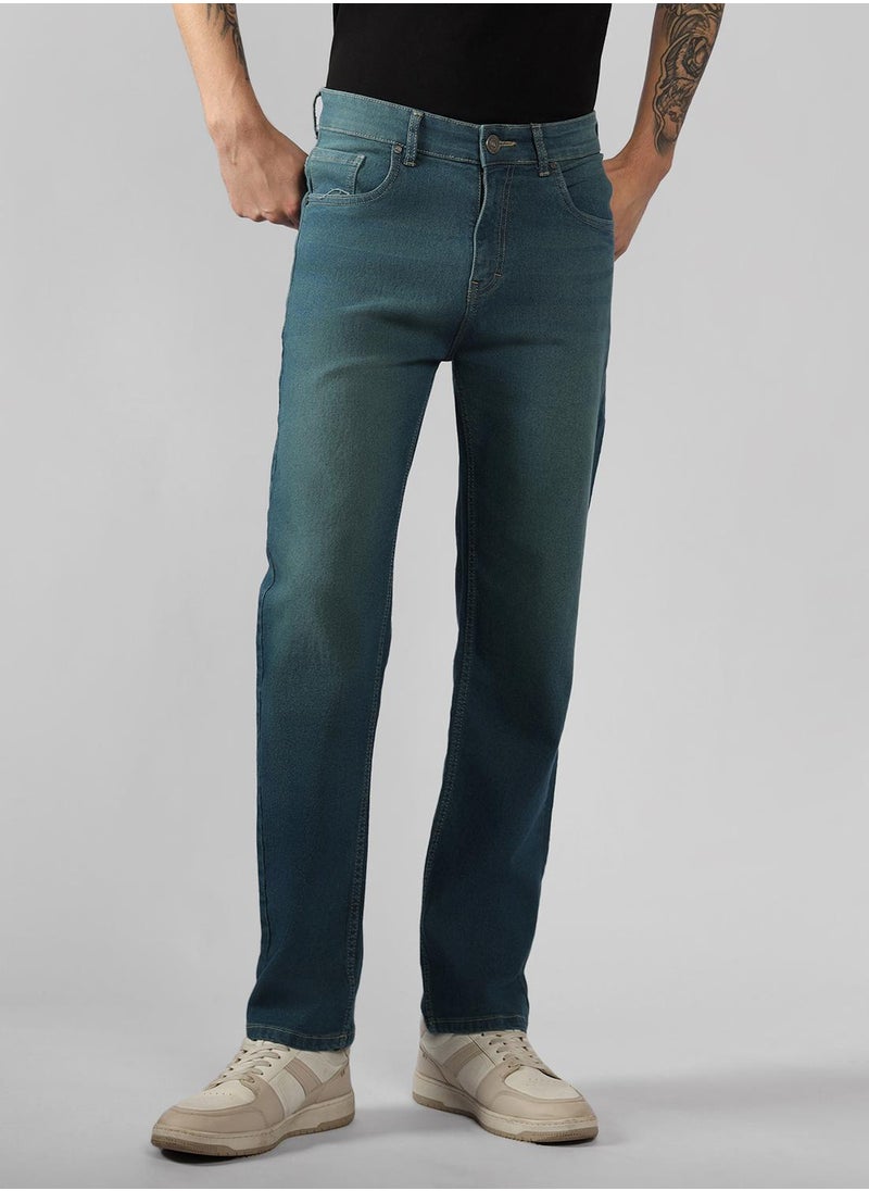 Men's Indigo Cotton Blend Solid Full Length Relaxed Fit Jeans
