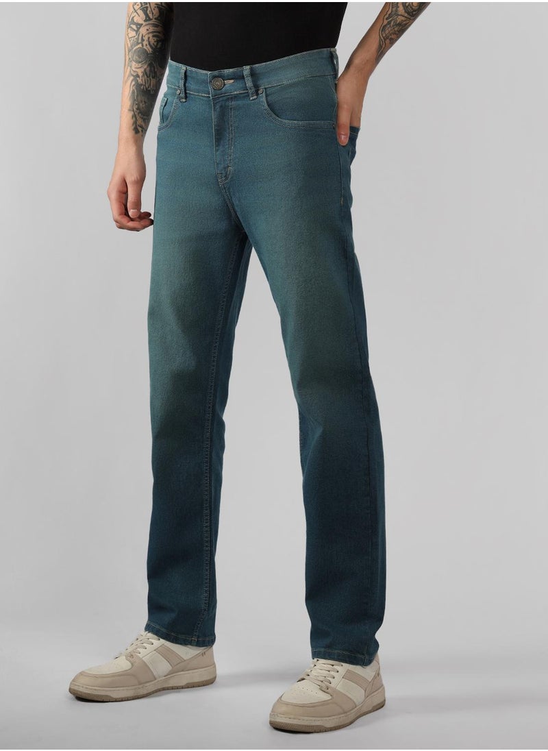 Men's Indigo Cotton Blend Solid Full Length Relaxed Fit Jeans
