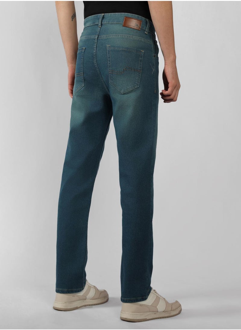 Men's Indigo Cotton Blend Solid Full Length Relaxed Fit Jeans