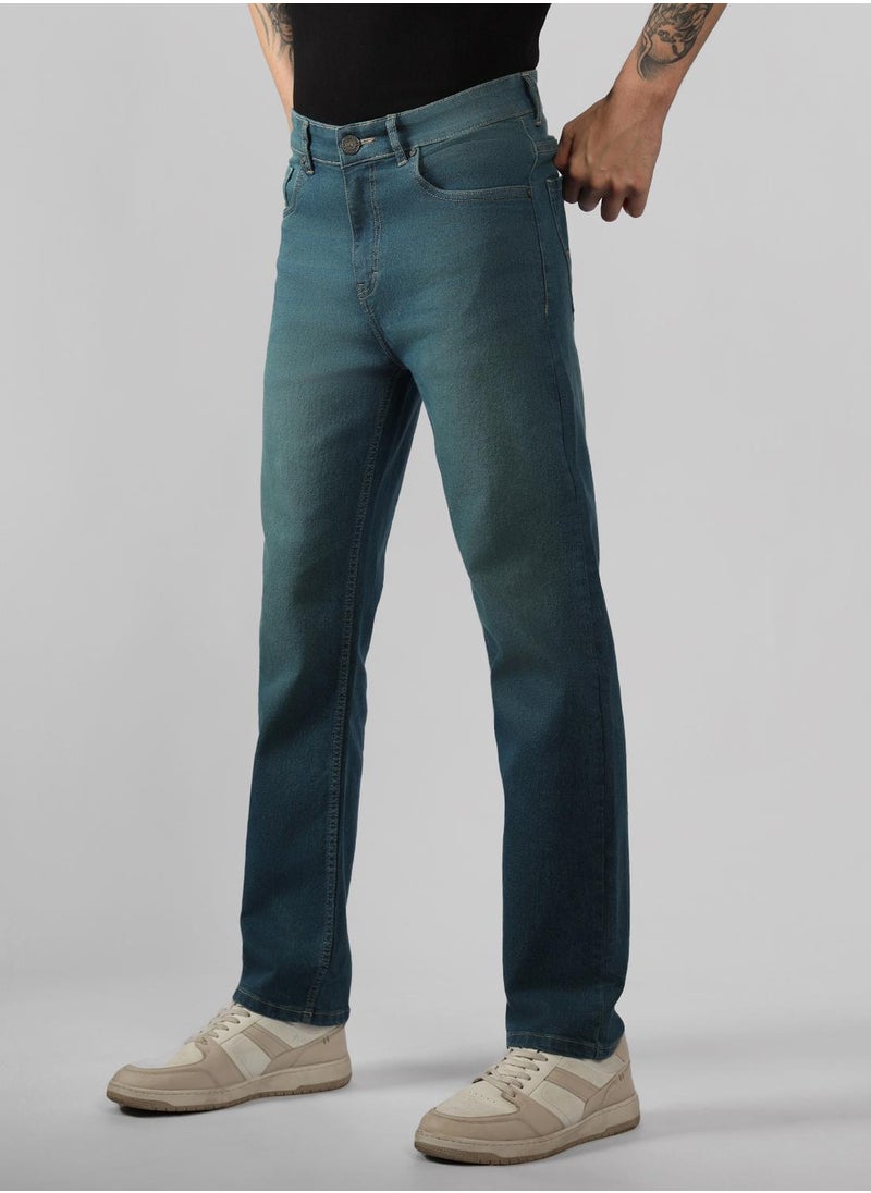 Men's Indigo Cotton Blend Solid Full Length Relaxed Fit Jeans