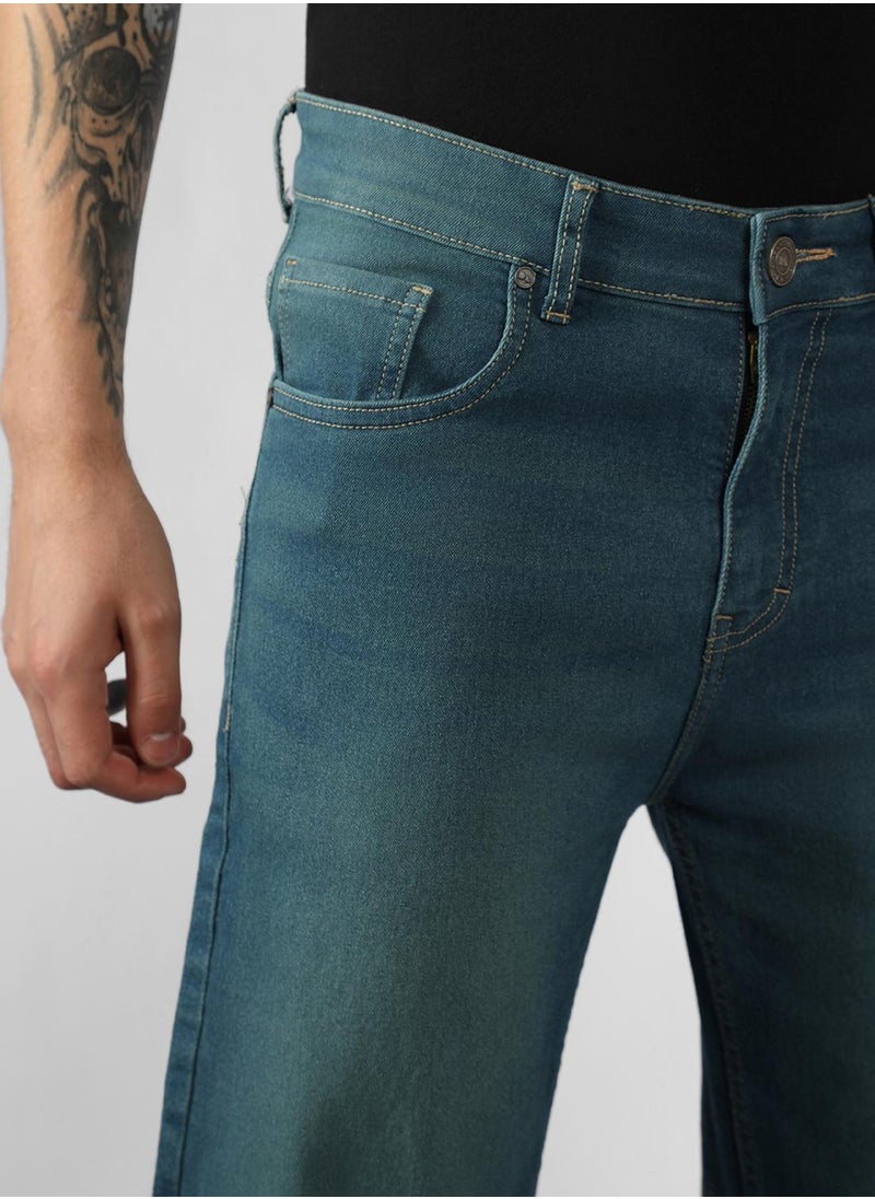 Men's Indigo Cotton Blend Solid Full Length Relaxed Fit Jeans