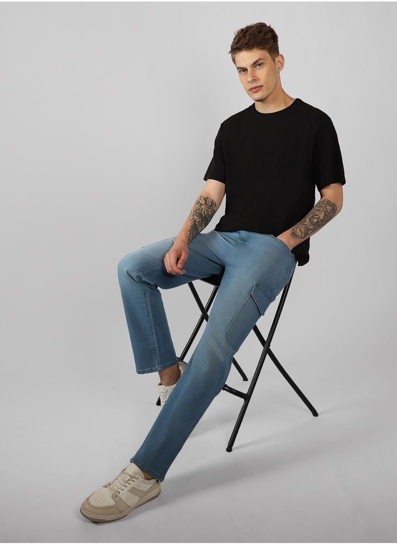 Men's Indigo Cotton Blend Solid Full Length Relaxed Fit Jeans