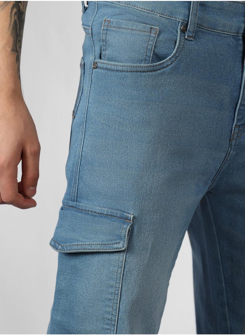 Men's Indigo Cotton Blend Solid Full Length Relaxed Fit Jeans