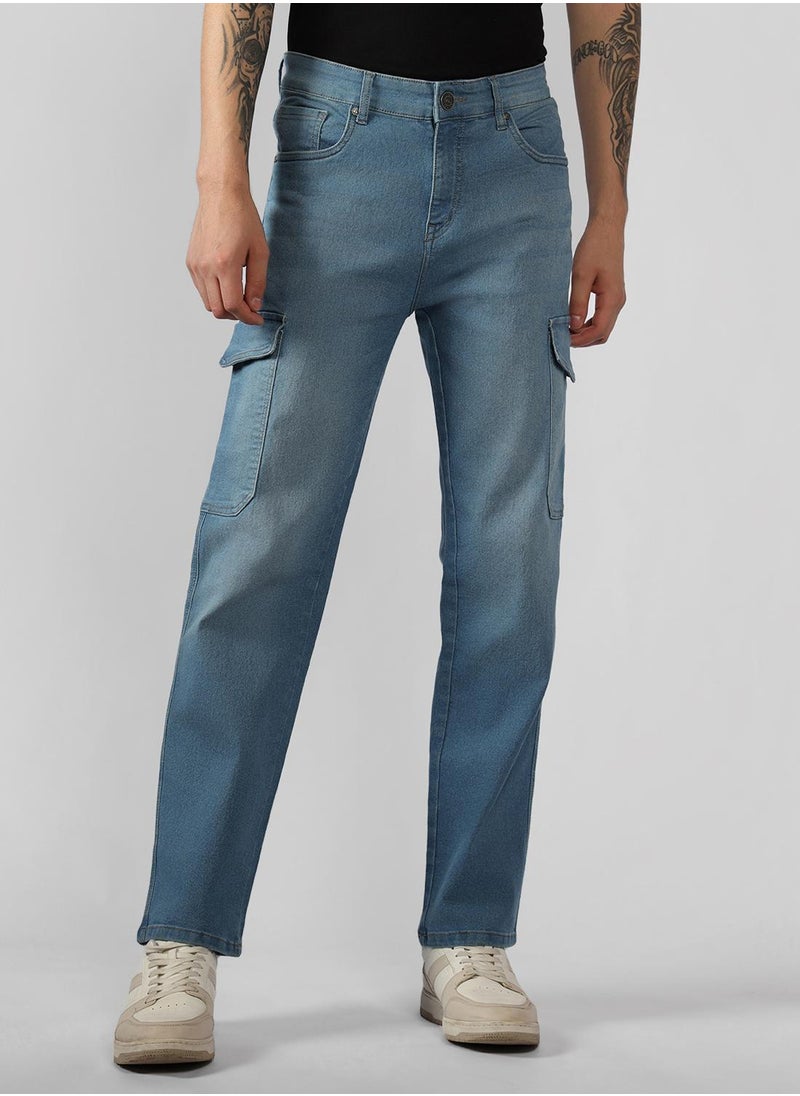 Men's Indigo Cotton Blend Solid Full Length Relaxed Fit Jeans