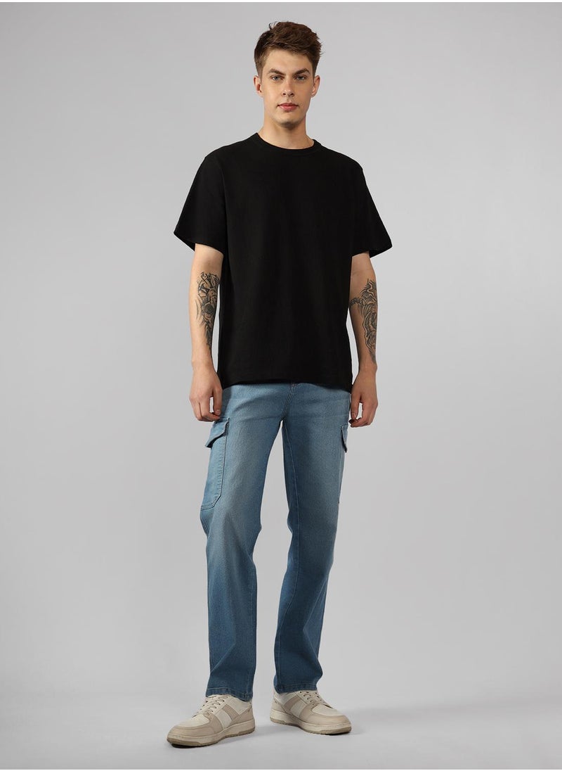 Men's Indigo Cotton Blend Solid Full Length Relaxed Fit Jeans