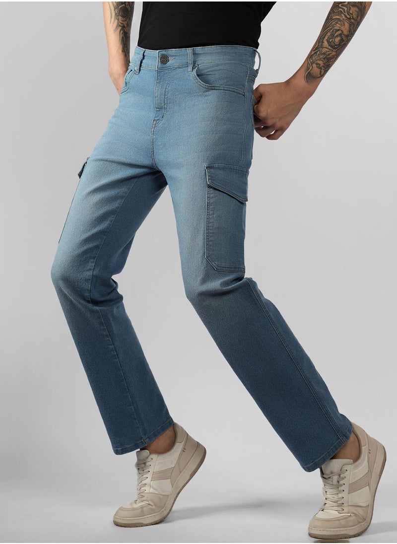Men's Indigo Cotton Blend Solid Full Length Relaxed Fit Jeans