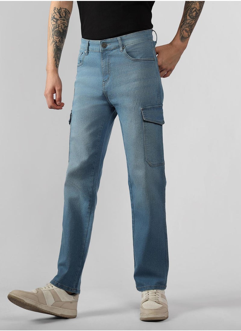 Men's Indigo Cotton Blend Solid Full Length Relaxed Fit Jeans