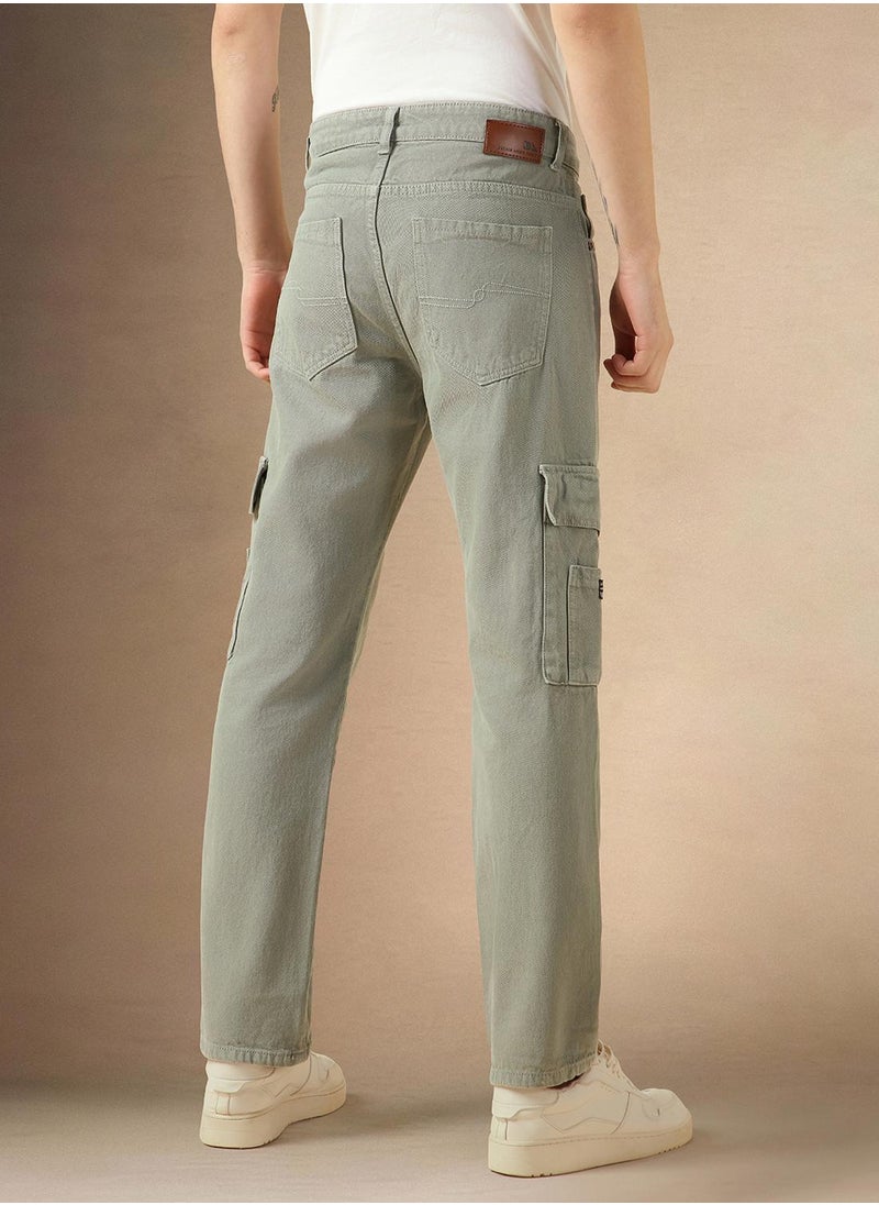 Men's Sage Green 100% Cotton Solid Full Length Relaxed Fit Jeans