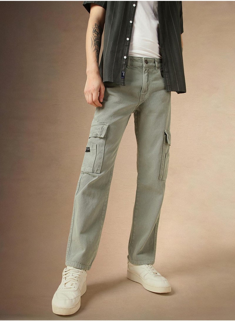 Men's Sage Green 100% Cotton Solid Full Length Relaxed Fit Jeans