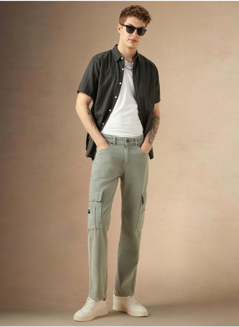 Men's Sage Green 100% Cotton Solid Full Length Relaxed Fit Jeans