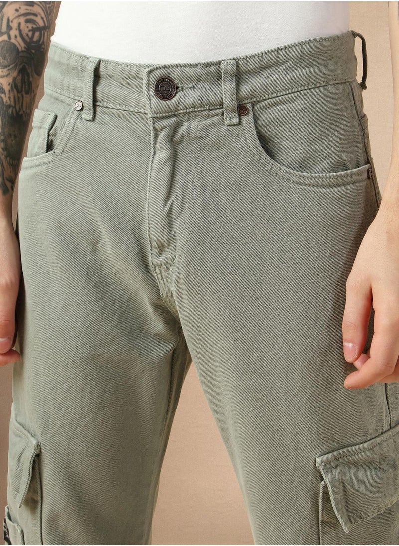 Men's Sage Green 100% Cotton Solid Full Length Relaxed Fit Jeans