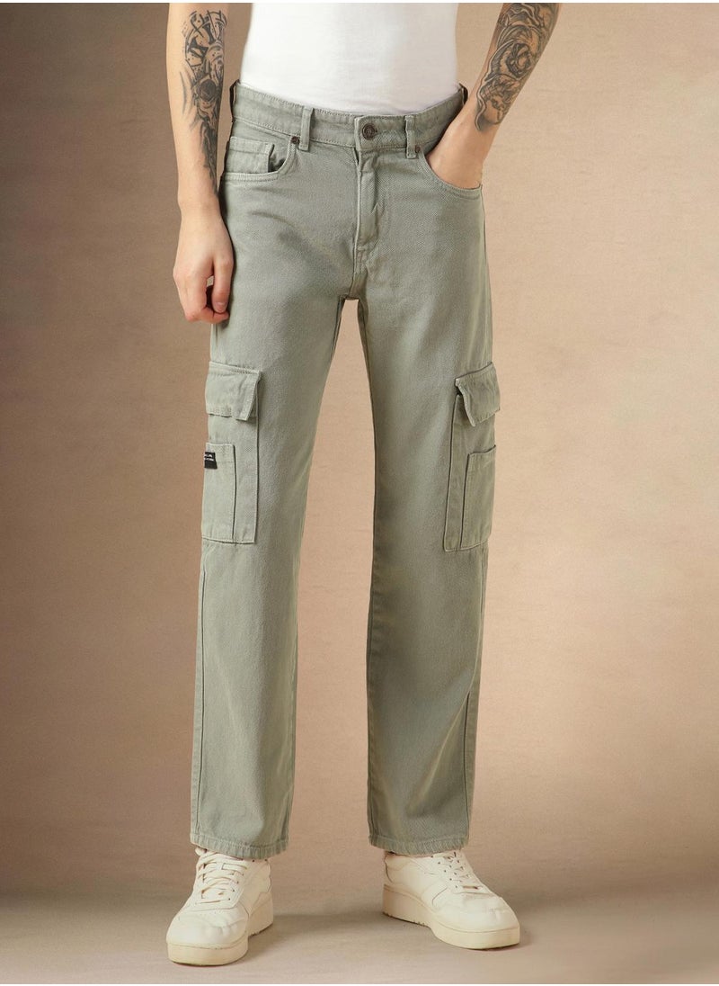 Men's Sage Green 100% Cotton Solid Full Length Relaxed Fit Jeans