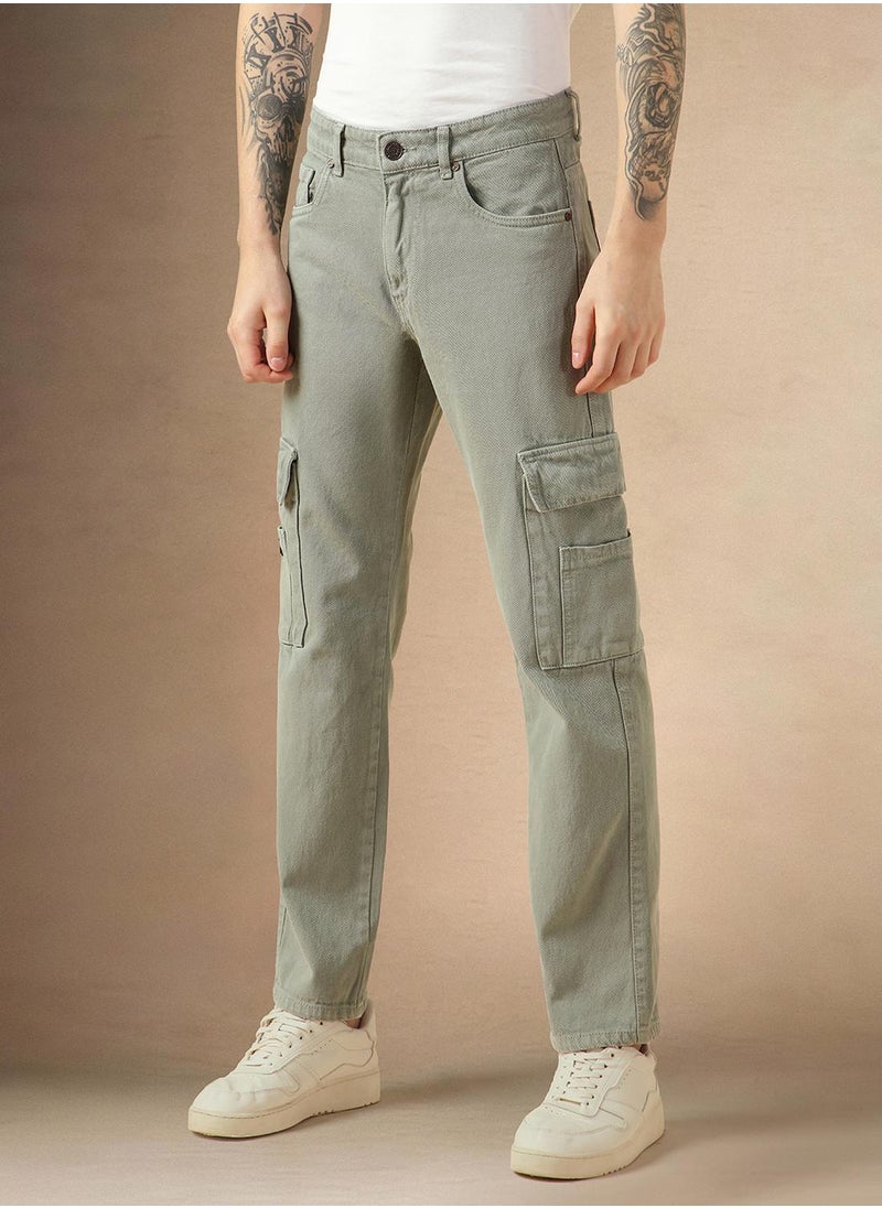 Men's Sage Green 100% Cotton Solid Full Length Relaxed Fit Jeans