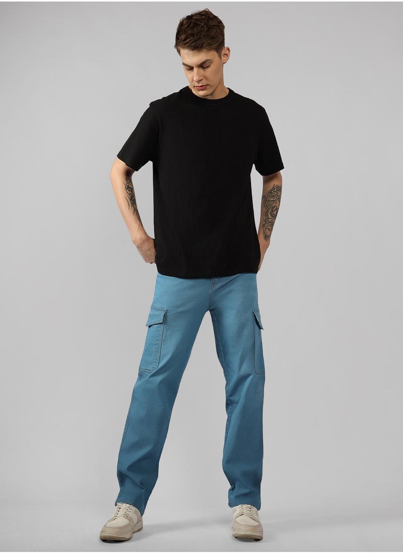 Men's Indigo Cotton Blend Solid Full Length Relaxed Fit Jeans