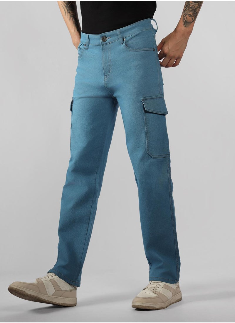 Men's Indigo Cotton Blend Solid Full Length Relaxed Fit Jeans