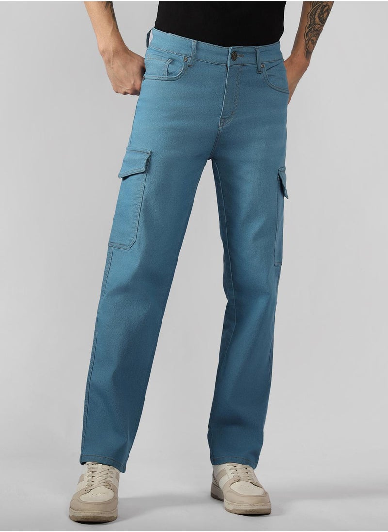 Men's Indigo Cotton Blend Solid Full Length Relaxed Fit Jeans