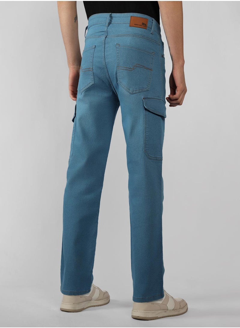 Men's Indigo Cotton Blend Solid Full Length Relaxed Fit Jeans