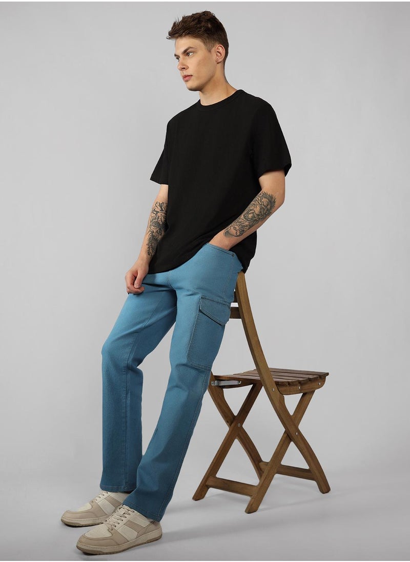Men's Indigo Cotton Blend Solid Full Length Relaxed Fit Jeans