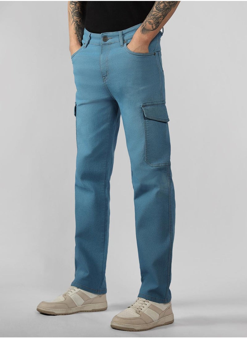 Men's Indigo Cotton Blend Solid Full Length Relaxed Fit Jeans