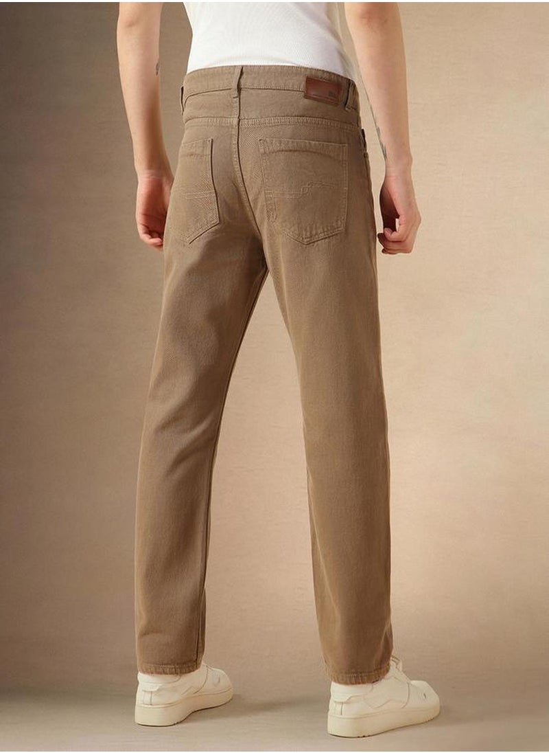 Men's Beige 100% Cotton Solid Full Length Relaxed Fit Jeans